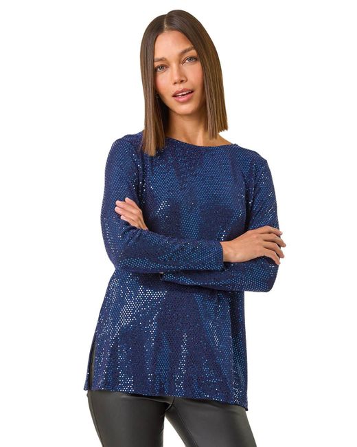 Roman Blue Shimmer Cowl Back Tunic Top