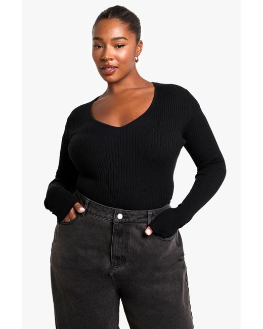 Boohoo Black Plus Twist Back Detail Rib Knit Top