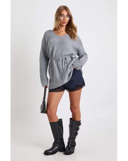 Boohoo Gray Tie Waist Detail Slouchy V Neck Sweater