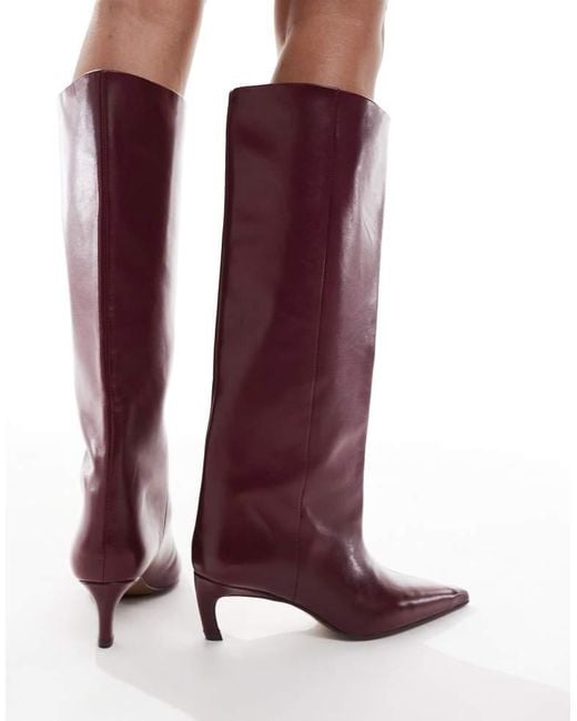 ASOS Red Cleona Premium Leather Kitten Heel Knee Boots