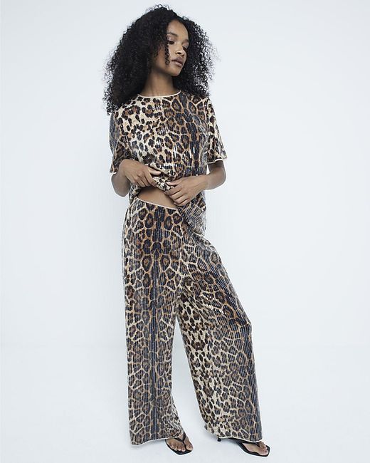 River Island Natural Trousers Leopard Print Sequin