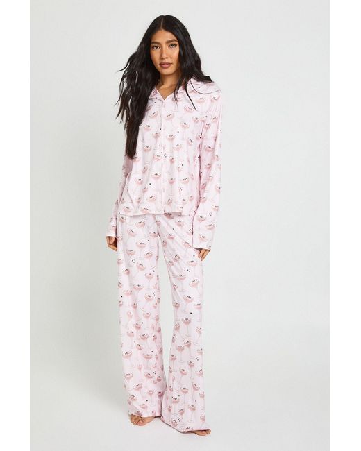 Boohoo Pink Tall Martini Print Long Sleeve Shirt & Trouser Pyjama Set