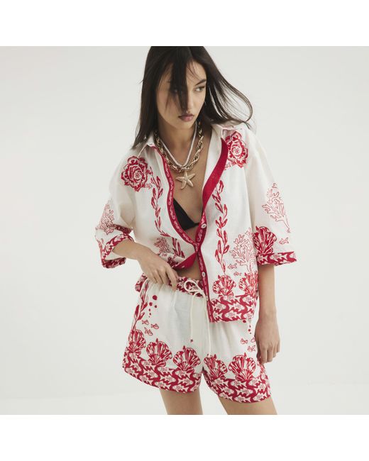 River Island Red Shell Print Tie Waisted Shorts Cotton
