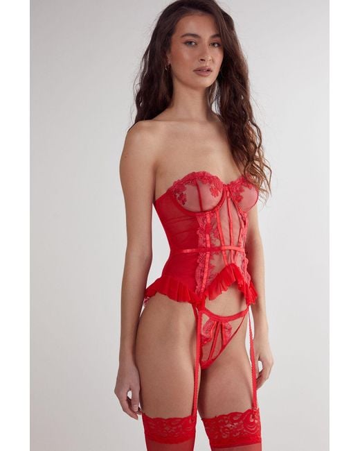 Nasty Gal Floral Embroidered Ruffle Corset And Thong Set