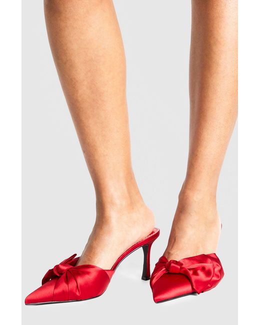 Boohoo Red Limited Edition Satin Knot Front Court Mules