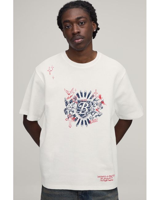 BoohooMAN Natural Relaxed Waffle Doodle Print Short Sleeve T-Shirt for men