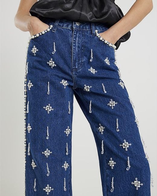 River Island Blue Straight Leg Jeans Embellished Relaxed Denim Cotton
