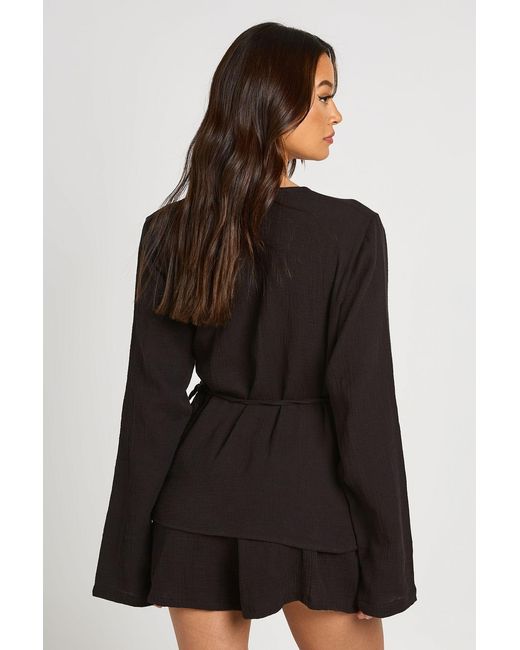 Boohoo Black Tall Cheesecloth Tie Side Wrap Shirt Co-Ord