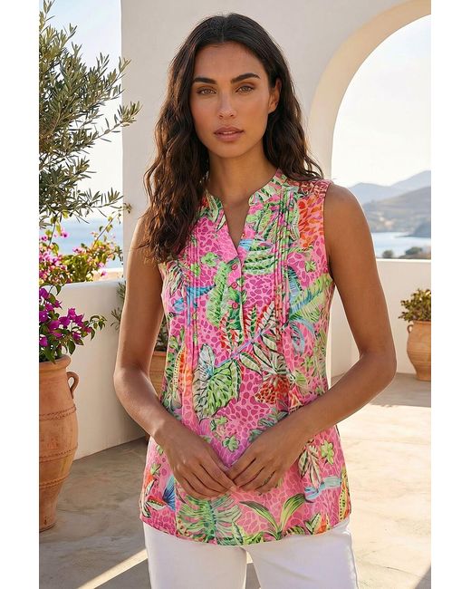 Roman Red Tropical Leaf Print Pintuck Top