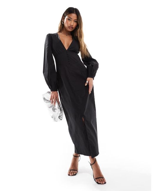Kaiia Black Exclusive Cotton Rich Volume Sleeve Plunge Neck Button Detail Maxi Dress