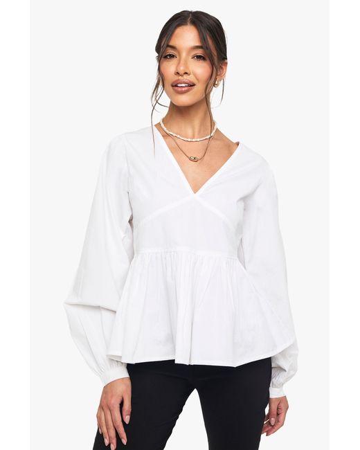 Boohoo White Cotton Poplin Blouson Sleeved Smock Top