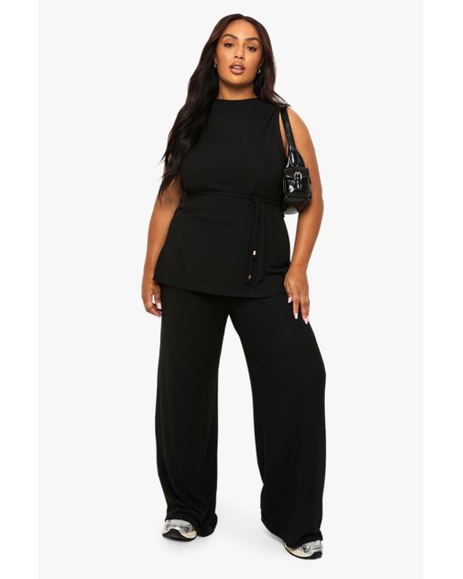 Boohoo Black Plus Brushed Tunic Tie Belt Top And Wide Leg Trouser