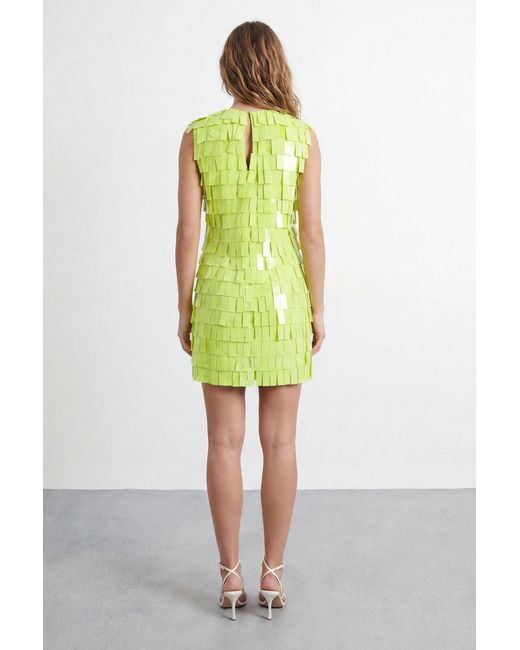 Warehouse Yellow Fringe Sequin Shoulder Pad Mini Dress