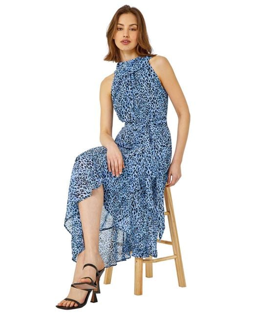 Roman Blue Animal Print Halter Neck Midi Dress