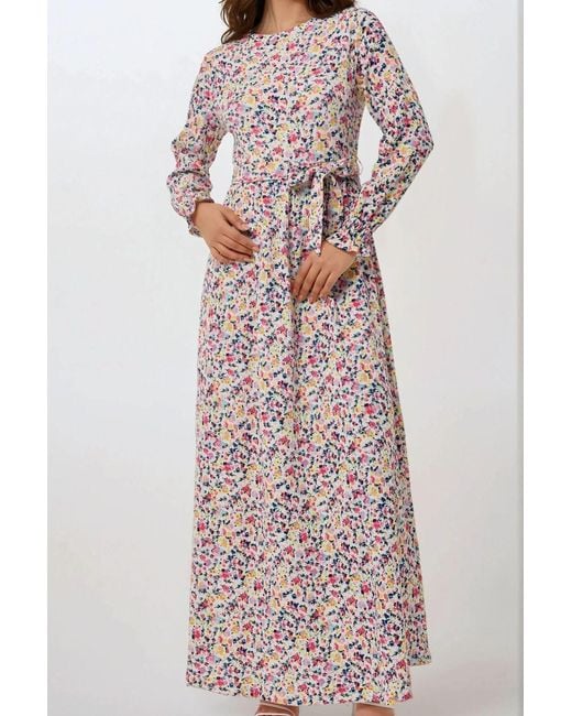 Hiccup Multicolor Flowering Crew Neck Maxi Dress With Belt