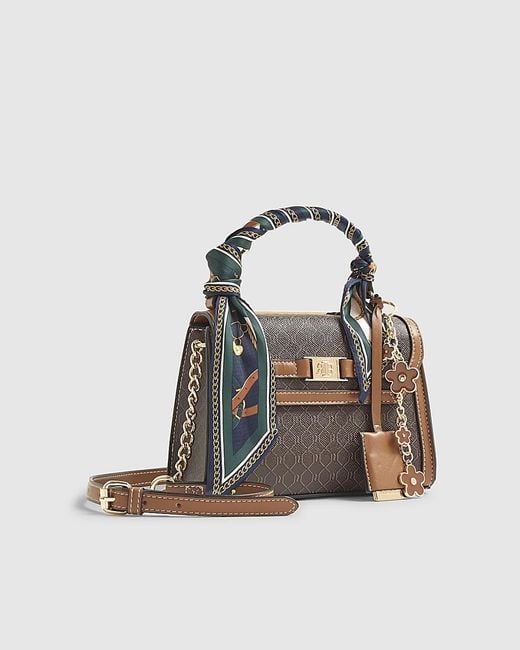 River Island Brown Tote Bag Scarf Detail Monogram Print