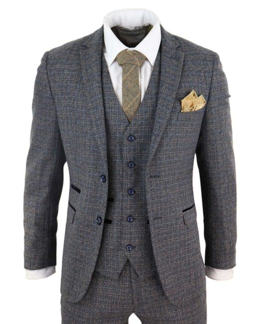Paul Andrew Blue 3 Piece Tweed Check Vintage Retro Suit Velvet for men