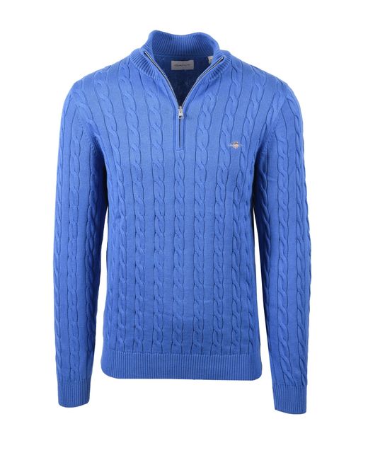 Gant Blue Cotton Cable Half Zip Knitwear Rich for men