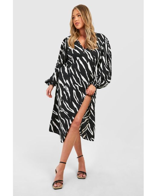 Boohoo Black Plus Animal Print Blouson Sleeve Midi Dress