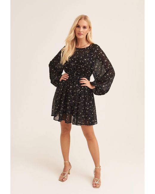 Gini London Black Star Print Long Sleeve Mini Dress