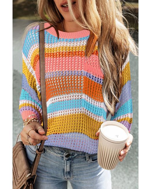 Azura Exchange Roze Gestreepte Kleurblok Holgebreide 3/4 Mouw Trui in het Orange