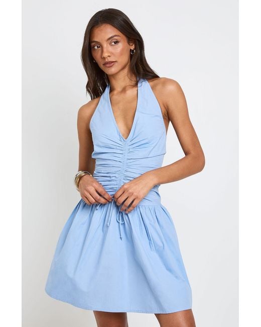 Boohoo Blue Tall Cotton Poplin Halterneck Front Gathered Seam Skater Mini Dress