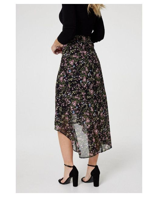 Izabel London Black Floral Semi Sheer High Low Skirt