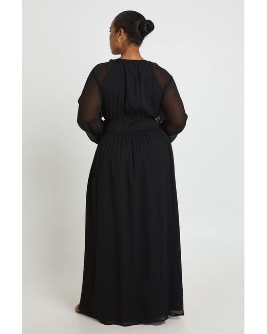 Boohoo Black Plus Chiffon Ruched Blouson Sleeve Maxi Dress