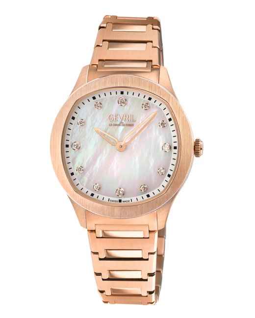 Gevril Metallic Morcote Swiss Diamond Watch, 316L Ss/Iprg Case, Mop, Ip Rose Bracelet