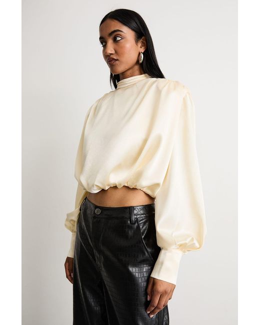 Warehouse Natural Extreme Shoulder Draped Satin Blouse