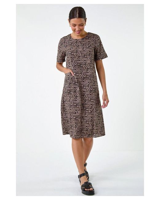 Roman Brown Geometric Print Pocket Shift Dress