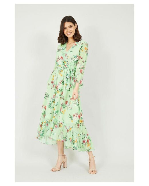 Yumi' Green Sage Floral Butterfly Wrap High Low Dress