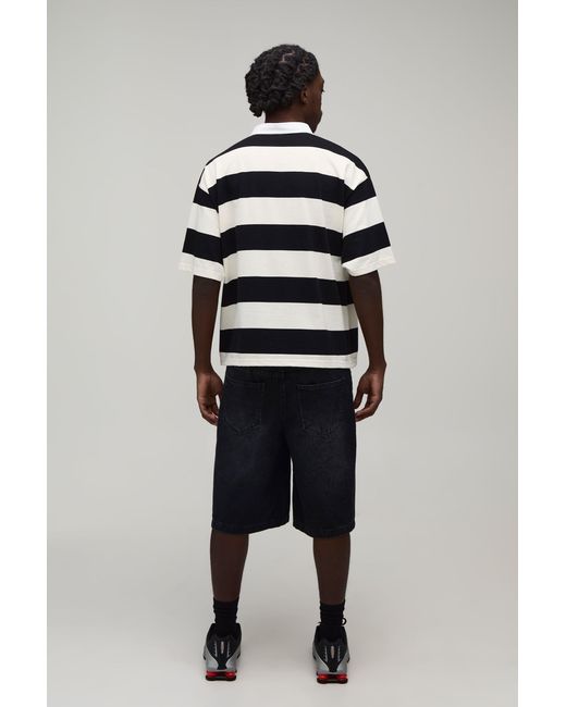 BoohooMAN Gray Oversized Boxy Sport Embroidered Stripe Rugby Polo for men