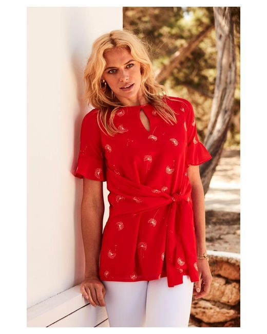 Sosandar Red Coral & Falling Dandelion Print Top