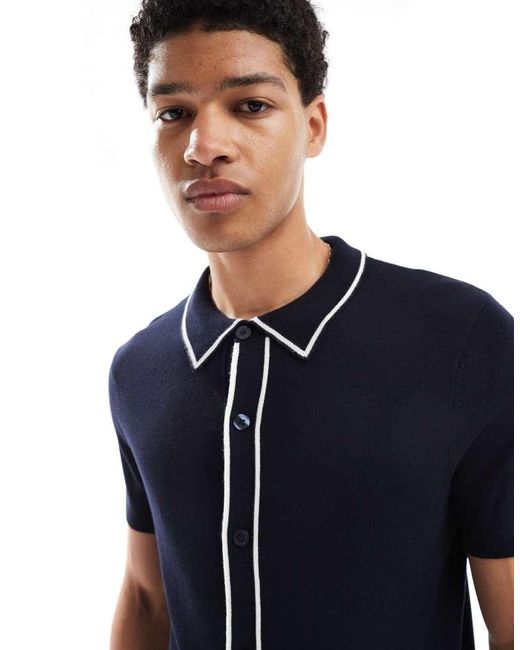 French Connection Blue Tipped Knitted Button Through Polo for men