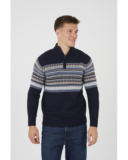 Brave Soul Blue Quarter Zip Fair Isle Jumper for men