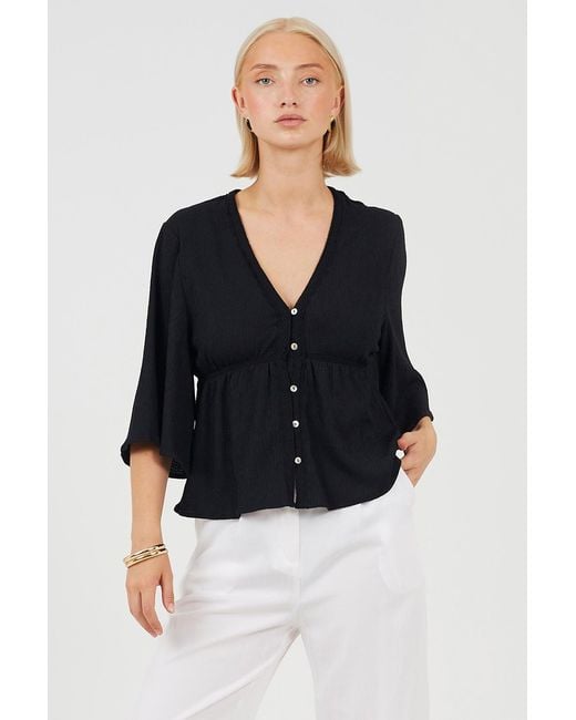 Brave Soul Black V-Neck Button Down Top With Lace Detail