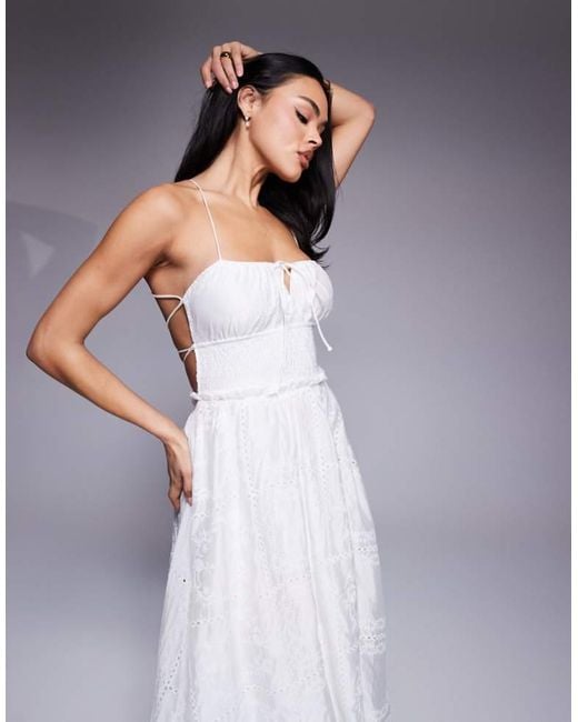 Love Triangle White Embroidered Midaxi Dress With Shirred Waist And Lace Up Back