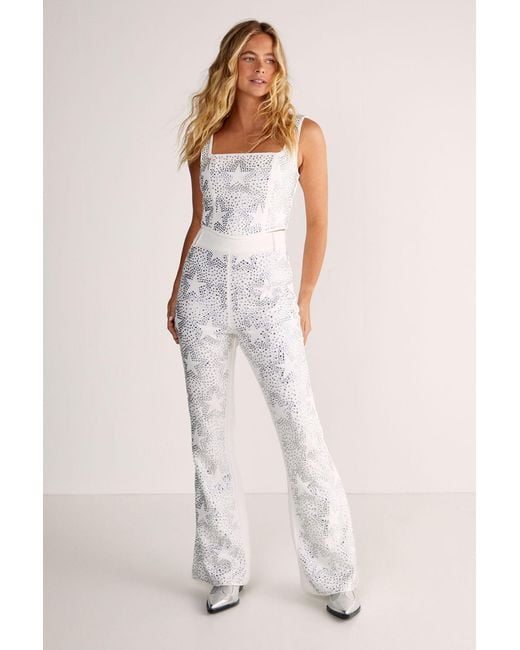 Nasty Gal Natural Star Diamante Tailored Flare Trousers