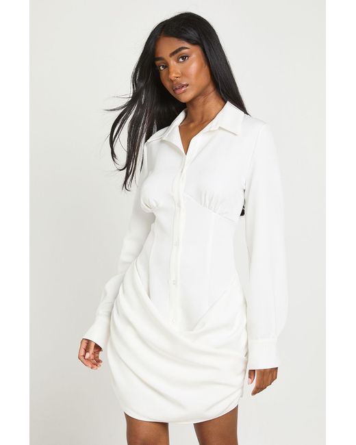 Boohoo White Drape Detail Button Through Shirt Dress