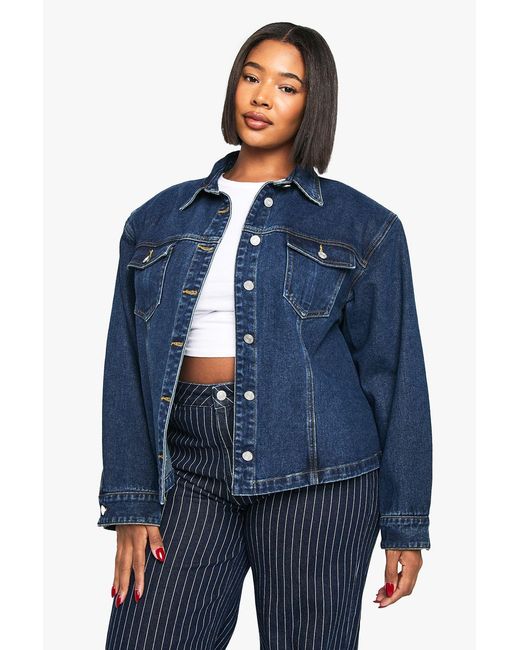 Boohoo Blue Plus Shoulder Pad Detail Denim Jacket