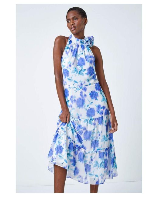 Roman Blue Floral Halterneck Tiered Midi Dress