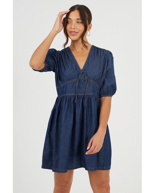 Brave Soul Blue Chambray Short Puff Sleeve Mini Dress