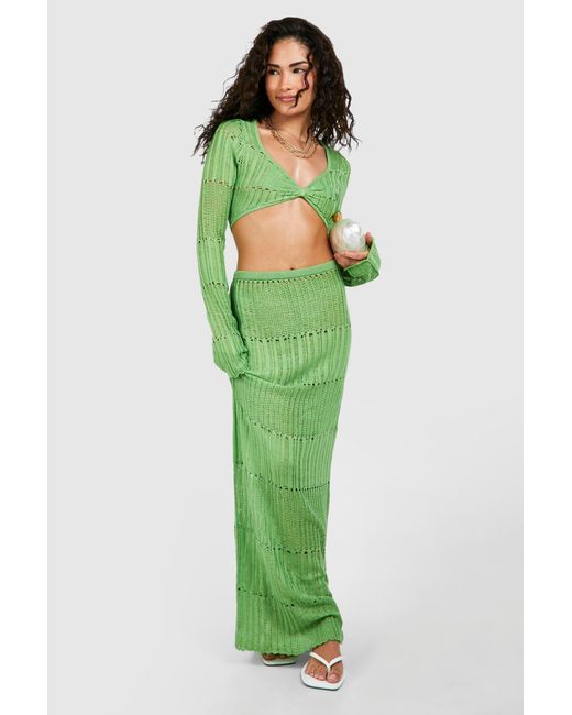 Boohoo Green Petite Ladder Knit Twist Top