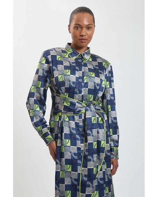 Karen Millen Blue Plus Size Geo Print Hammered Satin Tie Waist Woven Midi Dress