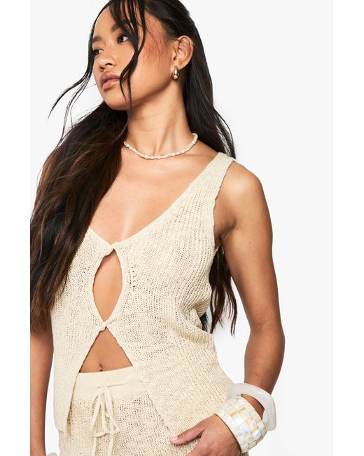 Boohoo Natural Knitted Twist Front Crochet Waistcoat