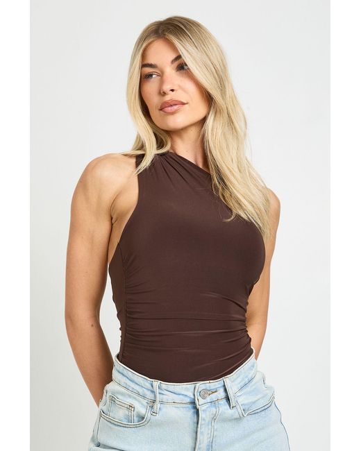 Boohoo Brown Ruched One Shoulder Mesh Panel Bodysuit