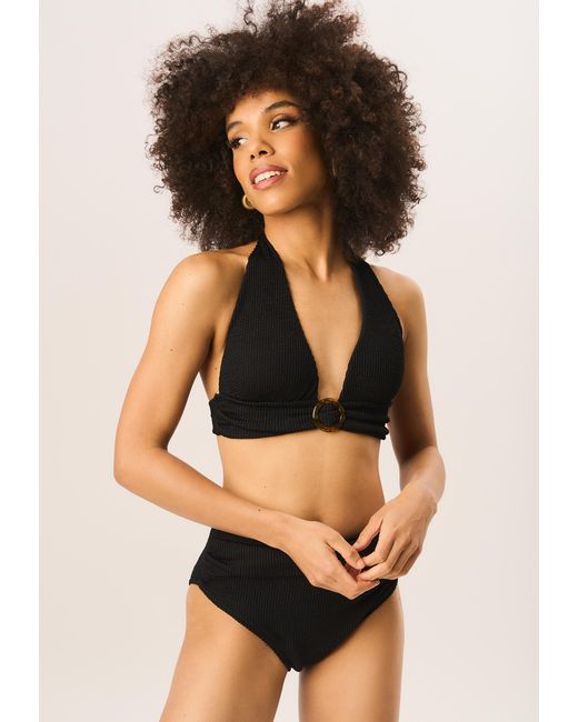 Gini London Black Textured Halter Bikini Top With Ring Detail