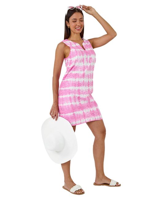 Roman Pink Embroidered Cotton Tie Dye Shift Dress