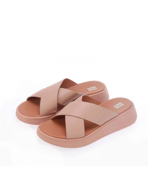 Fitflop Damespantoffels Fit Flop F-mode Leather Flatform Slide Sandals In Beige in het Natural